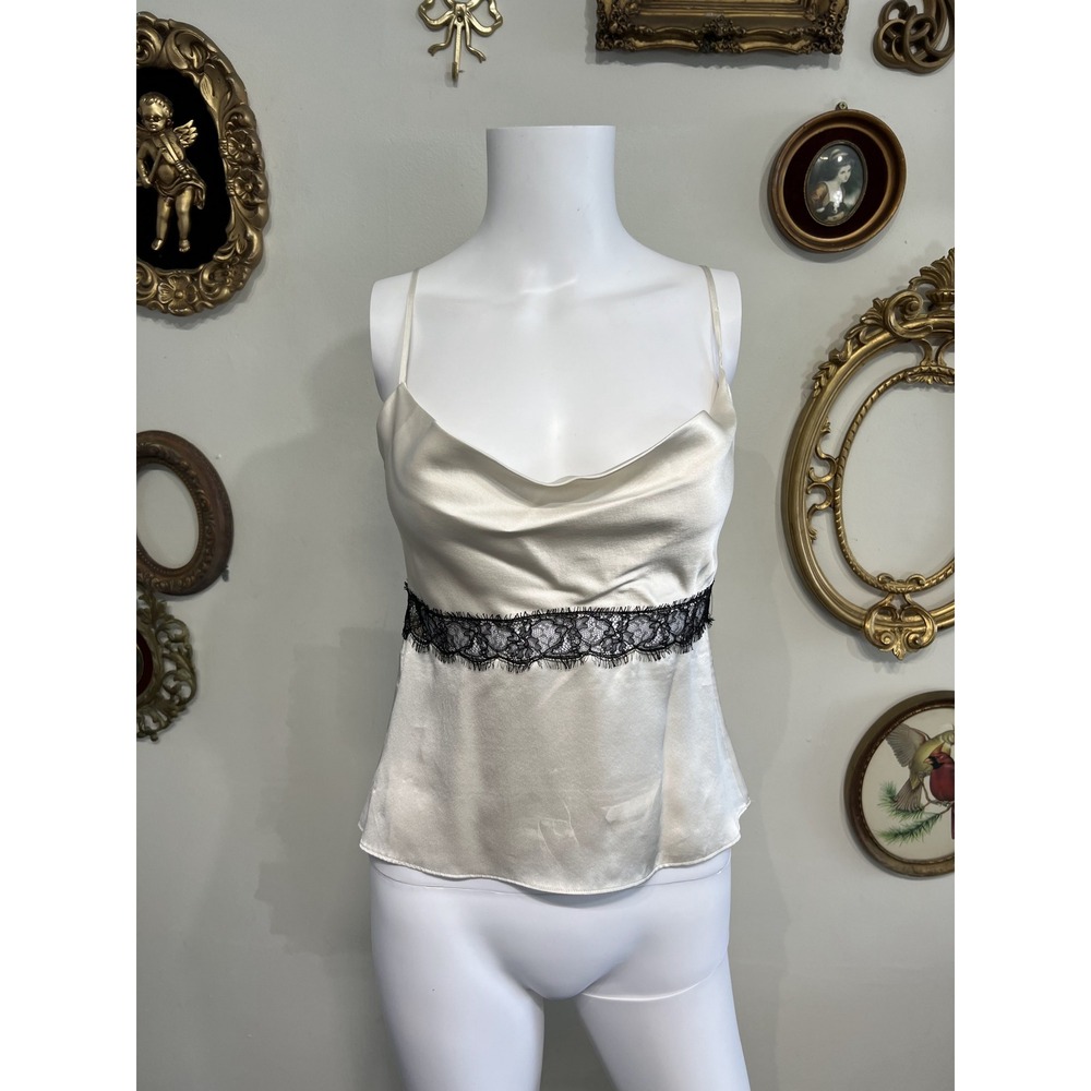 Kiki de Montparnasse Ivory Silk Black Lace Trim Cowl Neck Cami Top Size XS
